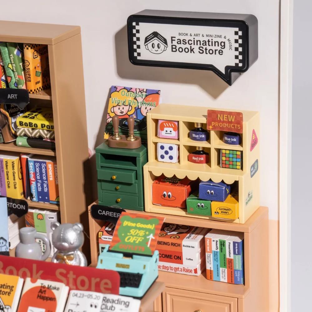 Rolife LED DIY Dollhouse Kit – Library Bookstore Miniature With Lights, Wooden 1:24 Scale