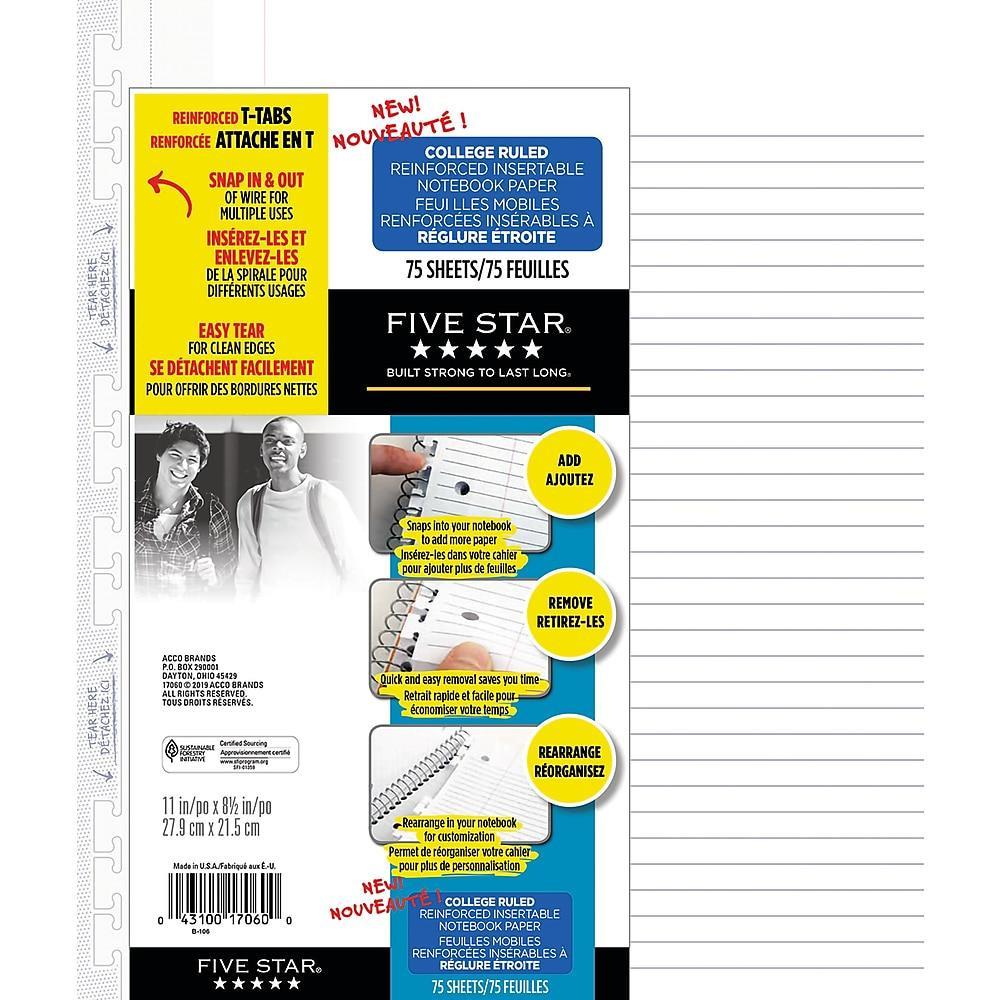 Five Star Reinforced Insertable Notebook Paper, College Ruled, 11 1/2 x  8, 75 Sheets/Pack, Filler Paper