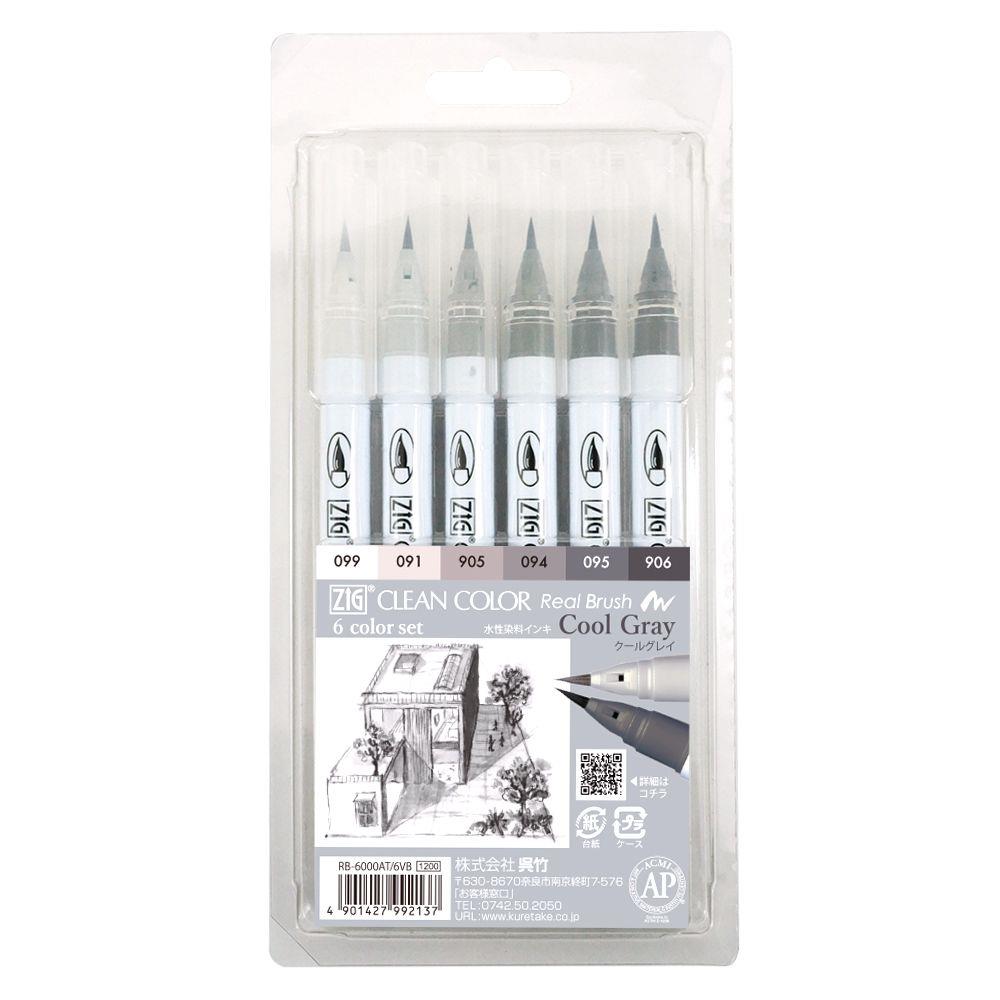 Kuretake Zig Clean Color Real Brush 6pk - Cool Grays