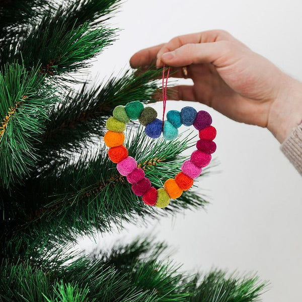 Abbott Hanging Wool Ornament - Rainbow Pompom Heart