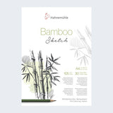 A sheet of Hahnemühlé Bamboo Sketch drawing paper, featuring black and green bamboo illustrations on a white background, with a green pencil shown at the bottom left.
