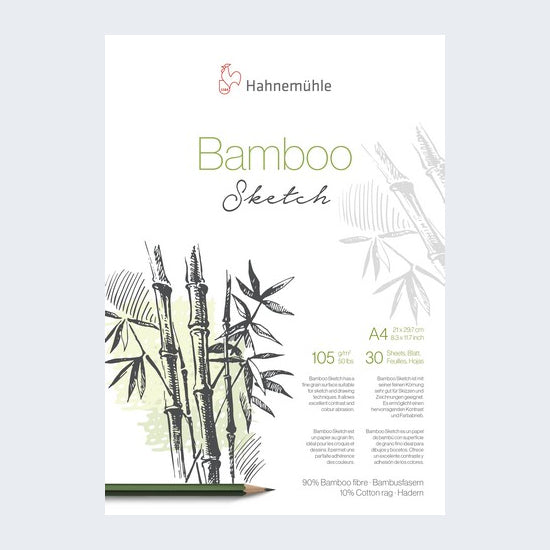A sheet of Hahnemühlé Bamboo Sketch drawing paper, featuring black and green bamboo illustrations on a white background, with a green pencil shown at the bottom left.