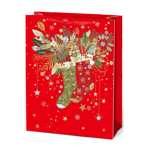 Paper Trendz Holiday Gift Bag, Medium - Stockings on Red