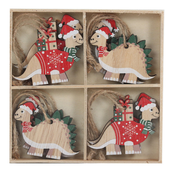 Silver Tree Wood Ornament Set 8pk Dinosaurs