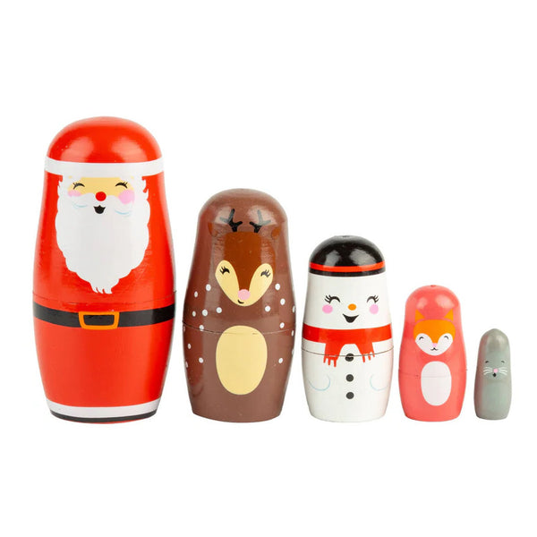 Silver Tree Wood Nesting Santa Dolls 5pc Set