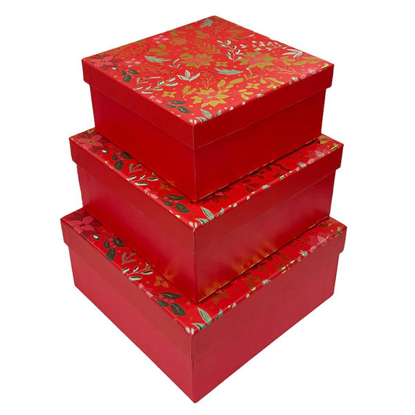 Paper Trendz Holiday Gift Boxes 3pc Set - Red Botanical