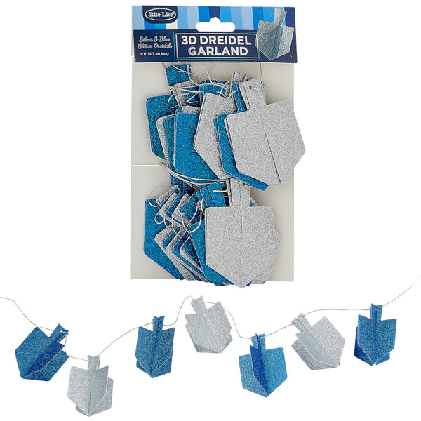 Rite Lite Chanukah 3D Glitter Garland 9ft Silver & Blue Dreidels