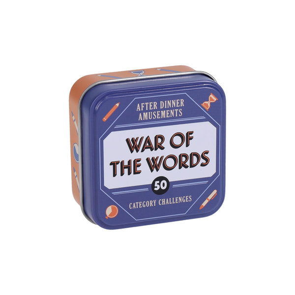 A square metal tin for the game 'War of the Words: After Dinner Amusements' featuring a blue front with a white label and orange side panels, shown on a plain white background.