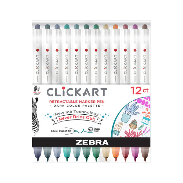 Zebra CLiCKART Retractable Marker Pen Set 12pk Dark Color Palette