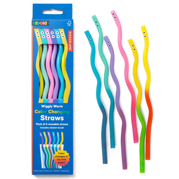 Kikkerland Kidoki Wiggly Worm Colour-Changing Straws 6pk