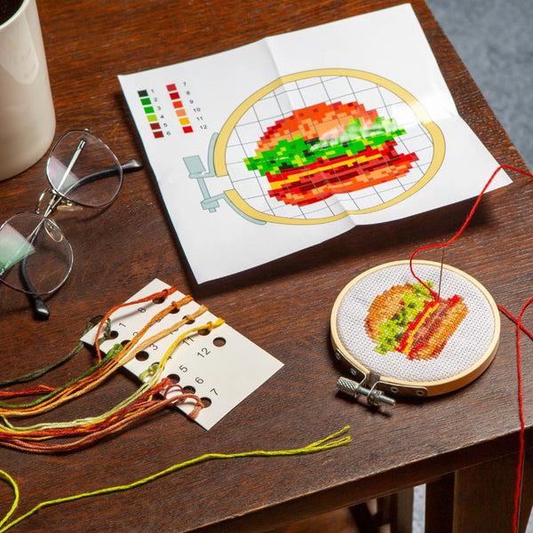 Kikkerland Mini Cross Stitch Embroidery Kit - Burger