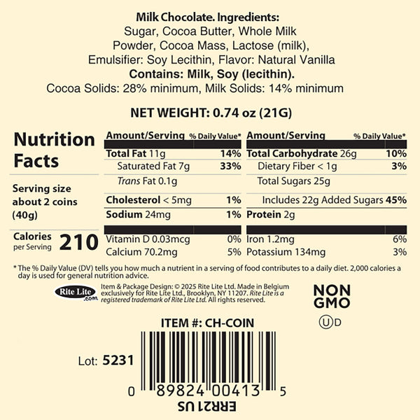 Rite Lite Belgian Milk Chocolate Chanukah Gelt Medallion