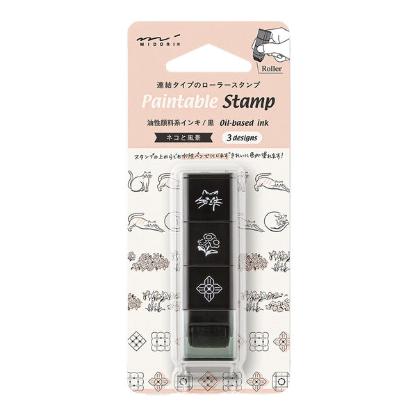 Midori Rotating Self-Inking Paintable Stamps, Mini 3pk Cat & Landscape