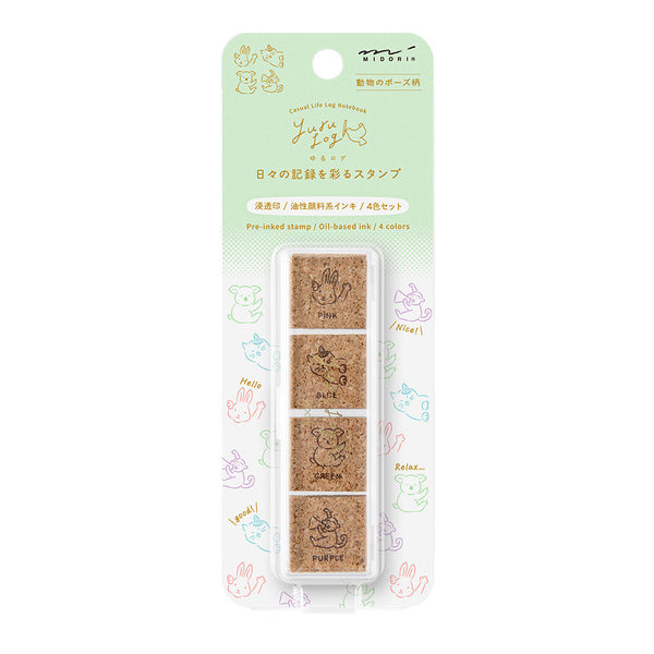 Midori Yuru Log Pre-Inked Stamp Set 4pk Animal Poses