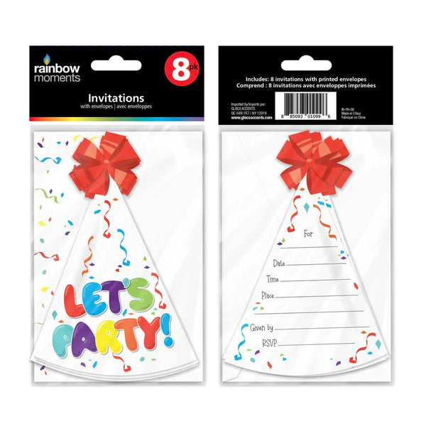 Rainbow Moments Party Invitations 8pk Party Hats