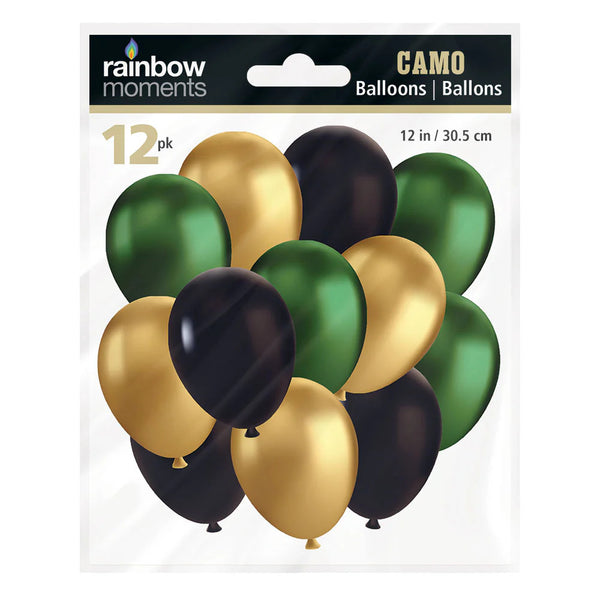 Rainbow Moments Balloons 12pk Camo Green Black & Gold