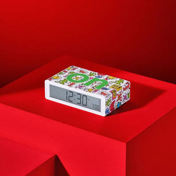 Lexon x Keith Haring Flip+ Reversible LCD Alarm Clock - Happy White