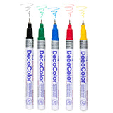 5 different colour oil based markers without caps on a white background 