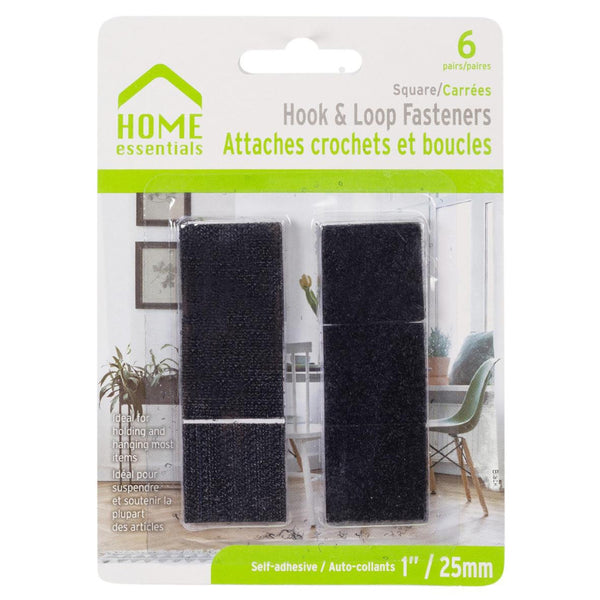 Home Essentials Hook & Loop Fasteners, Self-Adhesive, 1" Black, 6 Pairs