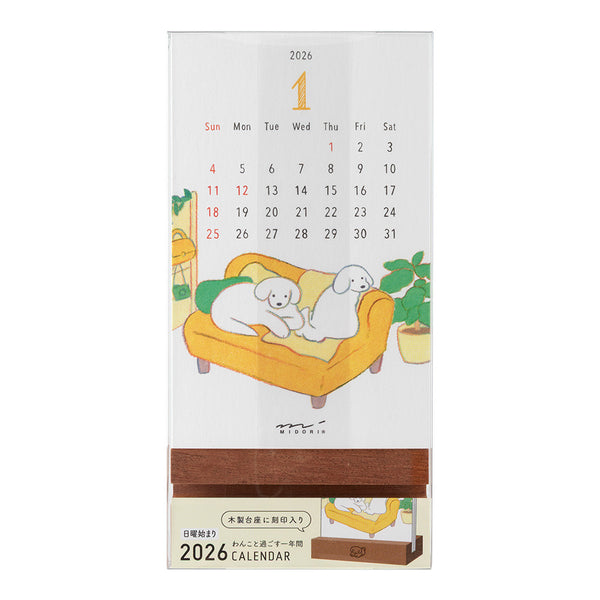Midori 2026 Desk Calendar with Wood Stand - Dogs