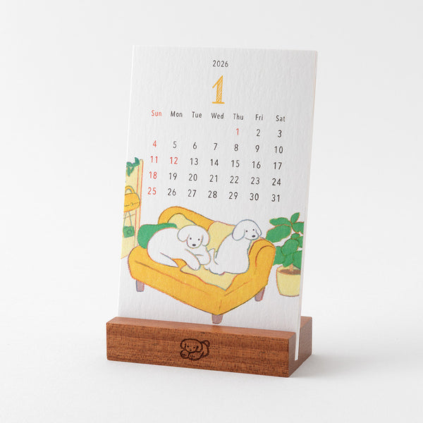 Midori 2026 Desk Calendar with Wood Stand - Dogs