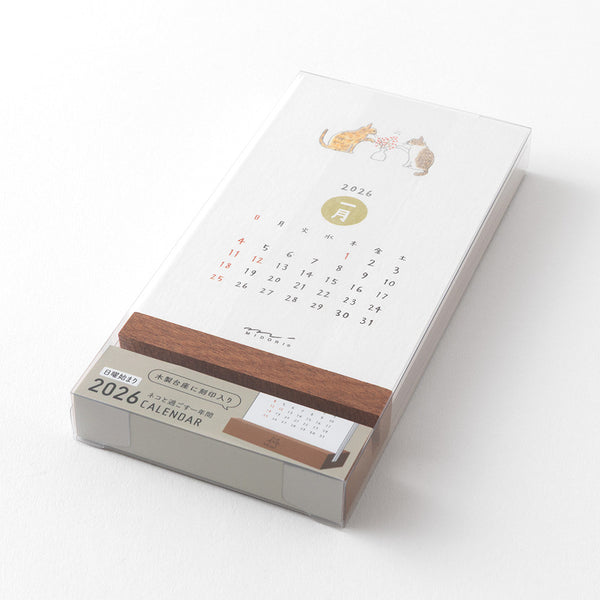 Midori 2026 Desk Calendar with Wood Stand - Cats