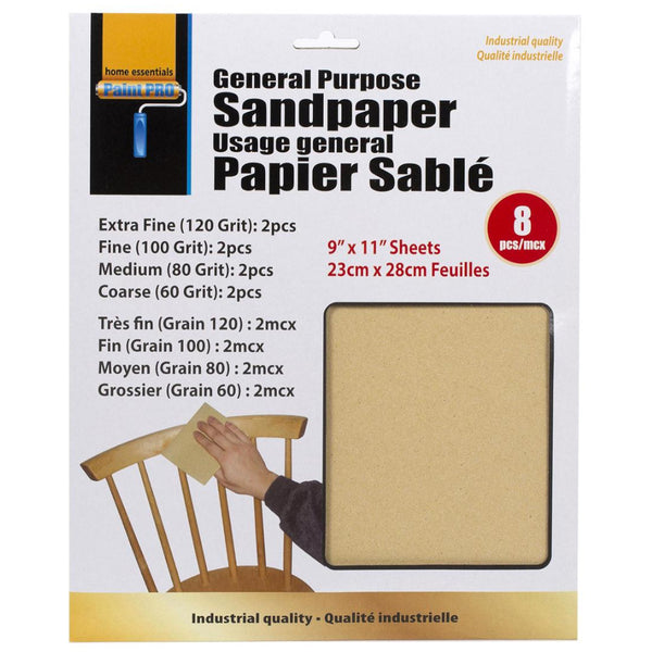 Home Essentials General Purpose Sandpaper, Assorted Grits 8pk