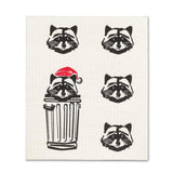 Festive towel with raccoon illustrations and a trash can wearing a Santa hat on a white background