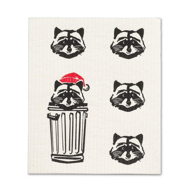 Festive towel with raccoon illustrations and a trash can wearing a Santa hat on a white background
