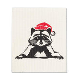 Raccoon wearing a Santa hat on a white background