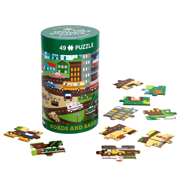 Petit Collage Spot the Difference 49pc Puzzle - Roads and Rails