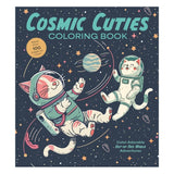 Coloring book cover with cats in space suits and a planet, titled 'Cosmic Cuties'.