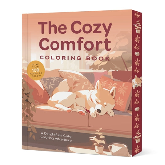 Coloring book titled 'The Cozy Comfort Coloring Book' with a dog illustration on the cover.