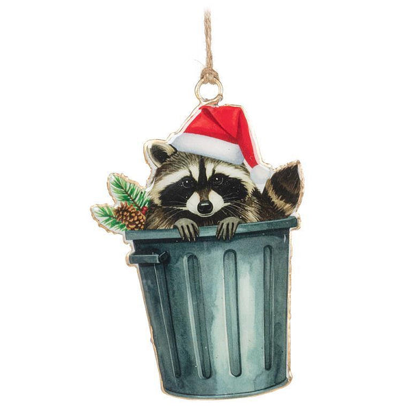 Abbott Hanging Metal Ornament - Raccoon in Trash Can