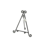 A black metal wire A-frame display stand with decorative scrollwork on the top and bottom tips, shown on a plain white background with a small white tag attached.