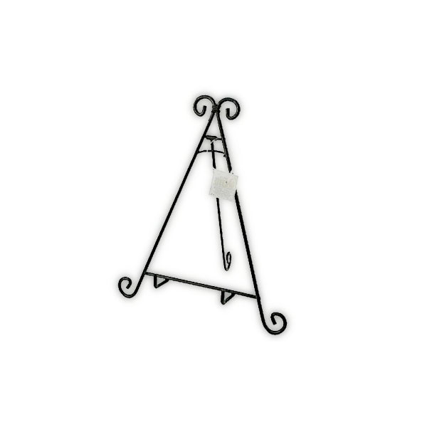 A black metal wire A-frame display stand with decorative scrollwork on the top and bottom tips, shown on a plain white background with a small white tag attached.