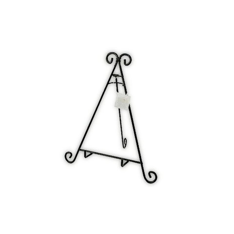 A black metal wire A-frame display stand with decorative scrollwork on the top and bottom tips, shown on a plain white background with a small white tag attached.