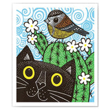 Cardiau Nico Greeting Card - Cactus, Cat & Bird