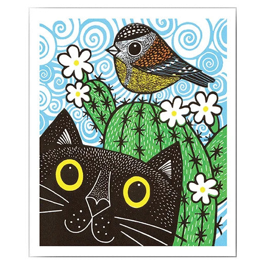 Cardiau Nico Greeting Card - Cactus, Cat & Bird