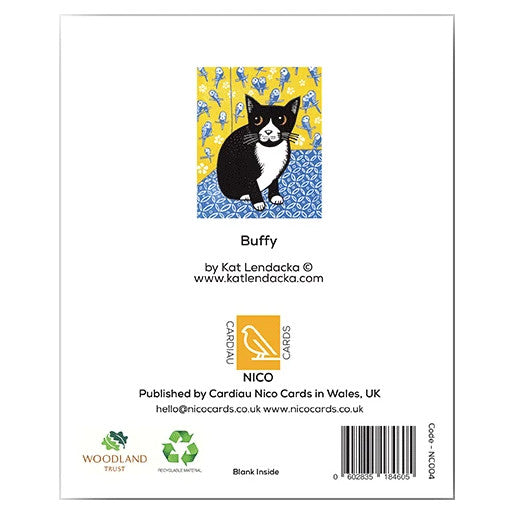 Cardiau Nico Greeting Card - Buffy Cat with Budgies