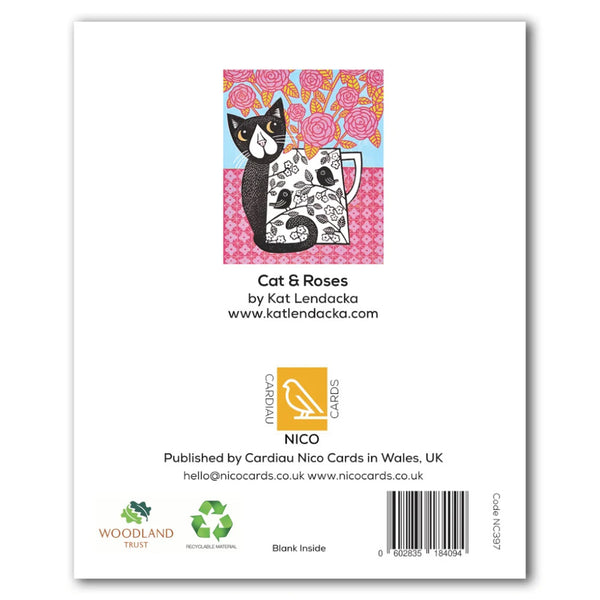 Cardiau Nico Greeting Card - Cat & Roses