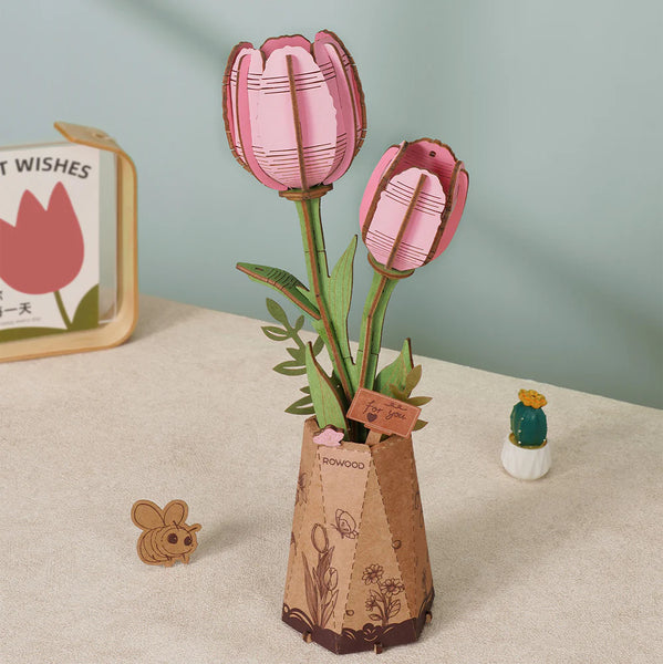 Robotime Rowood DIY Wooden Flower Model Kit - Pink Tulip