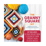 The Granny Square Kit cover showing colorful crocheted granny squares, balls of yarn, crochet hooks, and knitting needles on a white wood background, with text listing included items.
