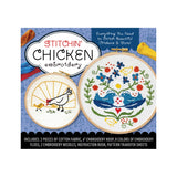 Stitchin' Chicken Embroidery kit packaging on a blue patterned background, showing two embroidered chicken designs in hoops and text listing included materials such as cotton fabric, embroidery hoops, floss, needles, instruction book, and pattern transfer sheets.