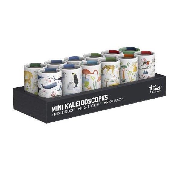 Set of mini kaleidoscopes with animal illustrations in a display box.