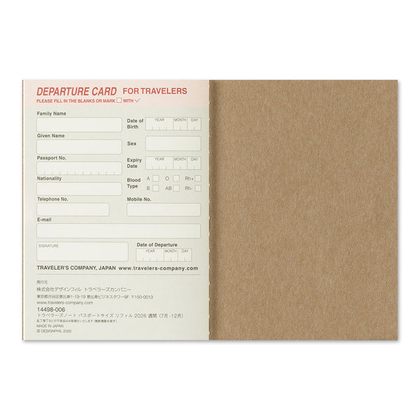 Traveler's Company 2026 Passport Notebook Refill - Weekly 2nd Half