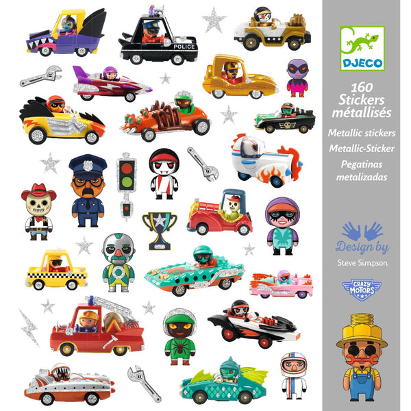Djeco Metallic Stickers 160pk World of Crazy Motors