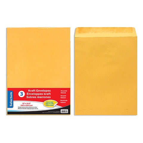 Selectum Peel & Seal Kraft Envelopes 3pk, 12" x 15.5"