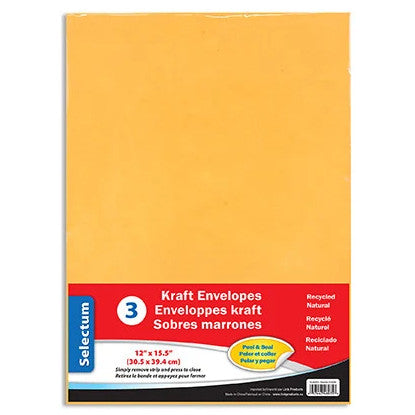 Selectum Peel & Seal Kraft Envelopes 12"x15.5" 3pk