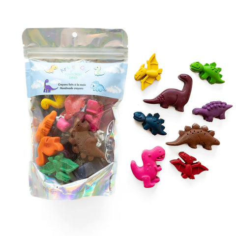 Dinosaur-shaped crayons in a clear packaging with a white background